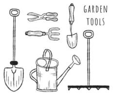 conjunto de herramientas de jardinería aisladas dibujadas a mano. iconos de fideos jardinería, cosecha. ilustración vectorial de una pala, rastrillo, podadora, regadera