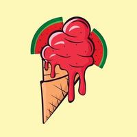 Melting ice cream balls in the waffle cone with watermelon slice isolated on yellow background. Vector flat outline icon. Comic character in cartoon style illustration for t shirt design