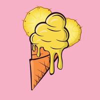 Melting ice cream balls in the waffle cone with pineapple slice isolated on pink background. Vector flat outline icon. Comic character in cartoon style illustration for t shirt design