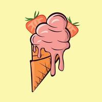 Melting ice cream balls in the waffle cone with strawberry slice isolated on yellow background. Vector flat outline icon. Comic character in cartoon style illustration for t shirt design