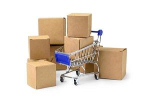 Boxes in a trolley on white background with clipping path. Concepts about online shopping photo