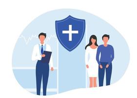 Insurance agent offering health and medical insurance contract to couple to protect from life health accident. Health and life insurance policy, healthcare concept vector