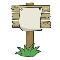 An ad, a piece of paper pinned to an old wooden sign on a pole, a stand with green grass, a vector illustration in cartoon style on a white background