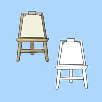 A set of pictures, a wooden easel with a sheet of paper, a vector illustration in cartoon style on a colored background