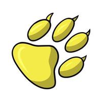 Yellow paw print of an animal with claws, vector illustration in cartoon style on a white background