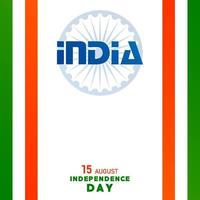 día de la independencia de india, 15 de agosto texto en caracteres azafrán con elementos de india y rueda de ashok azul sobre fondo de color vector