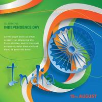 día de la independencia de india, 15 de agosto texto en caracteres azafrán con elementos de india y rueda de ashok azul sobre fondo de color vector