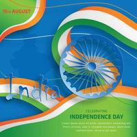 día de la independencia de india, 15 de agosto texto en caracteres azafrán con elementos de india y rueda de ashok azul sobre fondo de color vector