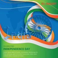 día de la independencia de india, 15 de agosto texto en caracteres azafrán con elementos de india y rueda de ashok azul sobre fondo de color vector