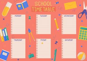 Cute childish school timetable, weekly classes schedule for kids with school supplies. Printable planner, diary for student. Stationery set for children. To Do List. vector