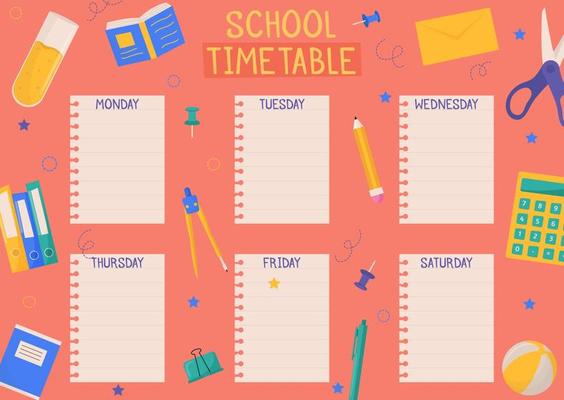 Cute childish school timetable, weekly classes schedule for kids with school supplies. Printable planner, diary for student. Stationery set for children. To Do List.