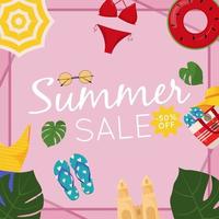 Summer sale web banner design. Summer sale discount text with beach elements like swimsuit, beach ball and flip flops for summer seasonal promotion for banners, wallpaper vector