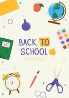 Back to school card with colorful school supplies. Colorful back to school templates for invitation, poster, banner, promotion, sale. School supplies cartoon illustration. vector