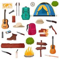 conjunto de camping y senderismo. colección de herramientas de viaje de campamento de verano para la supervivencia en la naturaleza, carpa, mochila, mapa, hacha, fogata y otros equipos de campamento.