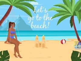 Summer vacation concept background. Beautiful summer beach landscape with sea, palm trees, sand castle. Girl is sitting on a swing. Flat vector illustration for poster, banner, flyer.