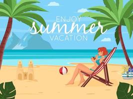 Summer vacation concept background. Beautiful summer beach landscape with sea, palm trees, sand castle. A girl is resting on a chaise longue. Flat vector illustration for poster, banner, flyer.