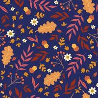 Seamless pattern with autumn leaves, berries, acorns and flowers. Vector graphics.