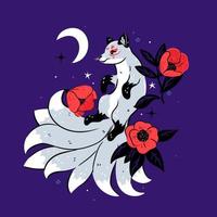 Nine-tailed fox and camellia flowers on a purple background. Vector graphics.