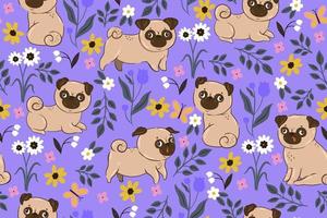 Seamless pattern with pugs and flowers. Vector graphics.