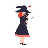 Cute witch is holding a cat isolated on white background. Vector graphics.