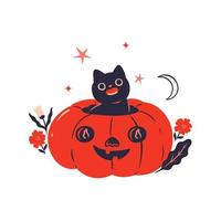 lindo gato negro sentado en un aislado de calabaza de halloween sobre fondo blanco. gráficos vectoriales vector