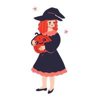 Cute witch holding a pumpkin isolate on a white background. Vector graphics.