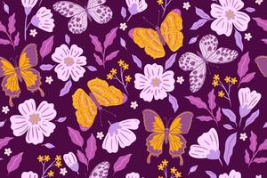 Seamless pattern with flowers and butterflies in purple and yellow tones. Vector graphics.