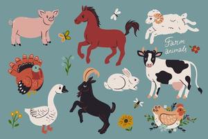 Collection of farm animals and birds. Vector graphics.