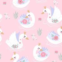 Seamless pattern with cute swans on the lake. vector