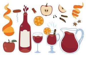 Wine set with bottle, glass, mulled wine, fruits and spices isolated on white background. vector