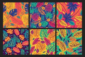 Collection of seamless patterns with tropical leaves. vector