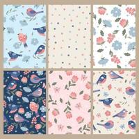 Set of cute spring seamless patterns with birds and flowers. vector