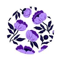 Round composition with purple flowers isolated on white background. Vector graphics.