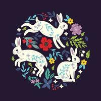 Round composition with rabbits and flowers. Vector graphics.