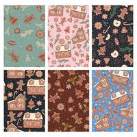 Set of seamless patterns with gingerbread cookies. vector