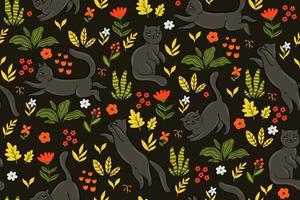 Seamless pattern with cute cats and flowers on a dark background. Vector graphics.