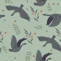 Seamless pattern with flying swans and flowers. Vector graphics.