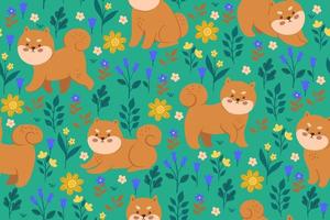 Seamless pattern with shiba inu dogs and flowers. Vector graphics.