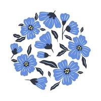 Round composition with blue flowers isolated on white background. Vector graphics.