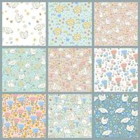 Set of cute Easter seamless patterns with chickens, bunnies and spring flora. vector