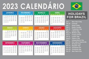 Vector de calendario 2023, versión brasileña con colores claros de vacaciones