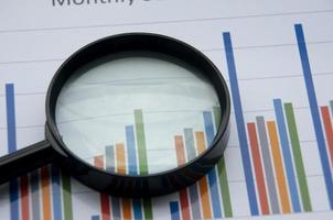 Top view of data analysis with magnifying glass. Business concept photo