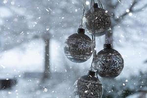 christmas tree balls against a background with snow photo