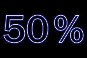 50 percent inscription on a black background. Blue line in neon style. vector