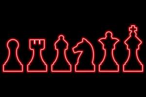 Set of chess figures on black background. Simple neon red outline. Illustration vector