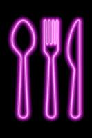 formas rosa neón de cuchara, tenedor y khife de mesa sobre un fondo negro. juego de cubiertos vector