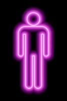A simple stylized symbol of a man. Male sign. Pink neon outline on a black background. Sign men's toilet.