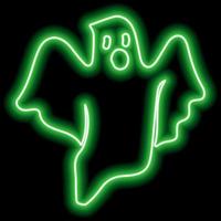 Neon green outline flying ghost on black background. Halloween symbol.