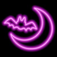 Neon pink outline of a bat and moon on a black background. Halloween. vector