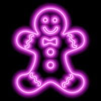 Pink neon outline of a gingerbread man on a black background. Christmas element vector